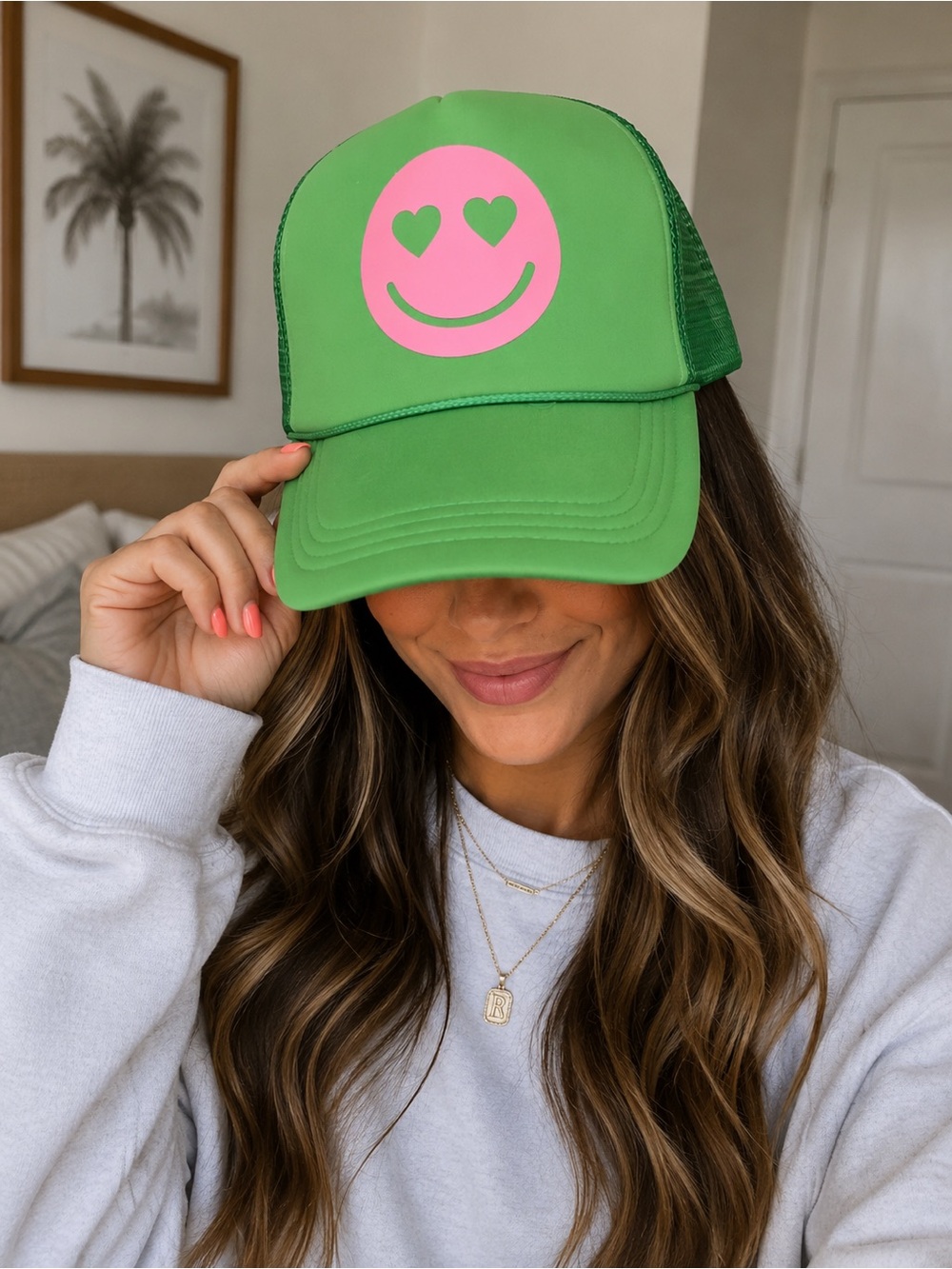 Green Heart Eyes Smiley Trucker Hat